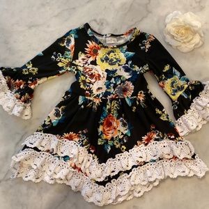 XS (2 - 4T) Black Floral Boho Dress + Hair Clip